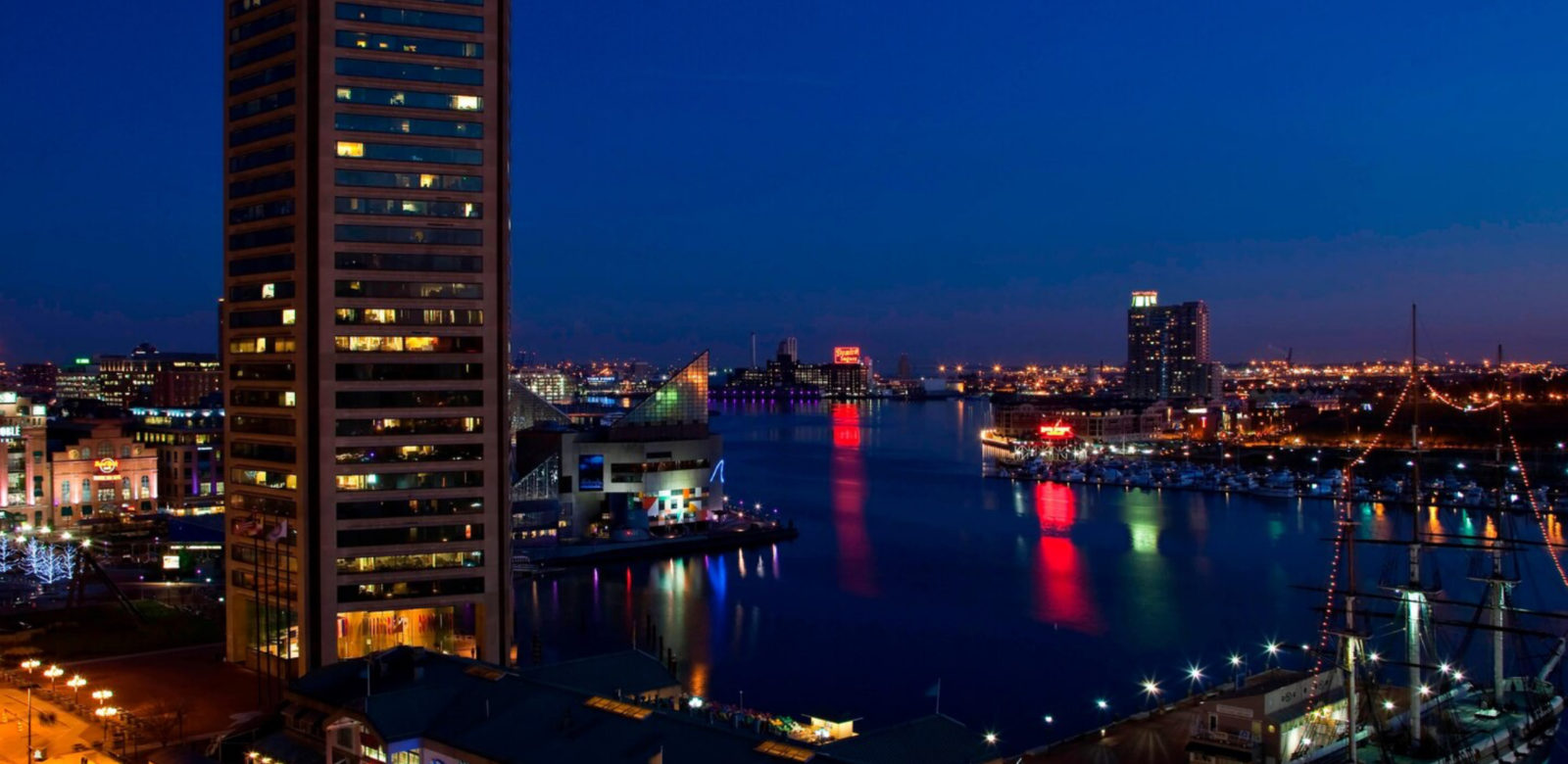 Harbor view at night at Renaissance Baltimore Harborplace Hotel