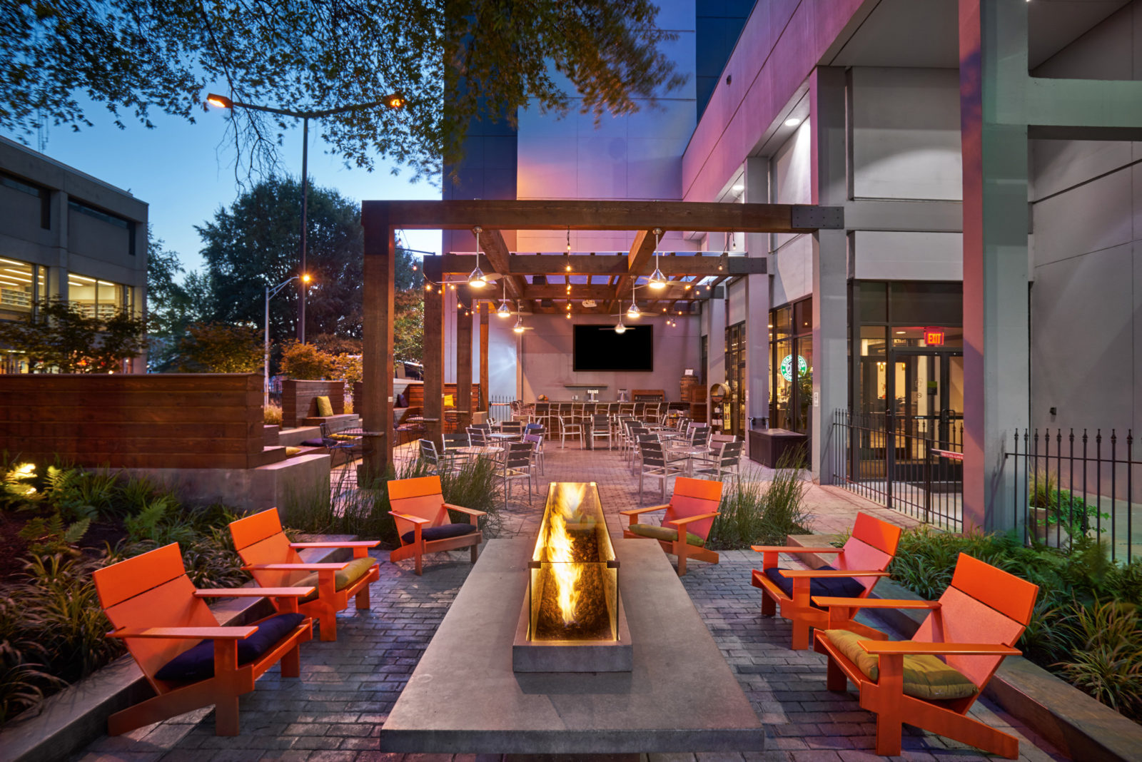 Outdoor seating area with fire pit outside Hilton Knoxville