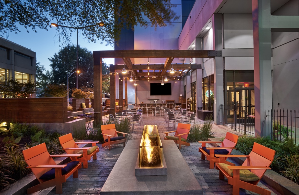 Outdoor seating area with fire pit outside Hilton Knoxville