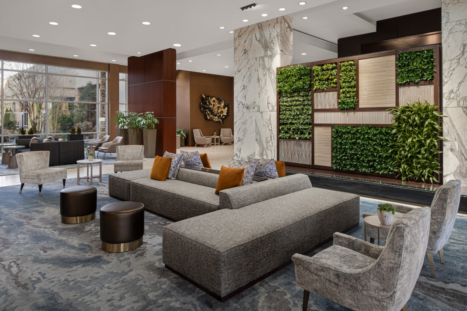 Lobby seating area and green wall at Westin BWI