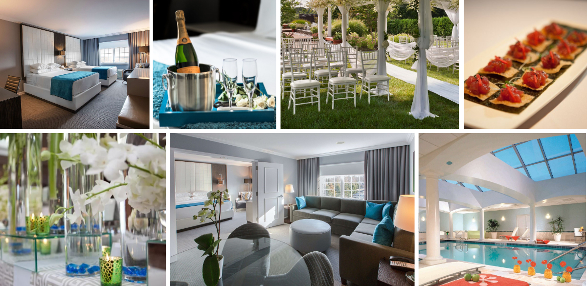 Photo Collage of Westminster Hotel with room imagery, pool. food, wedding